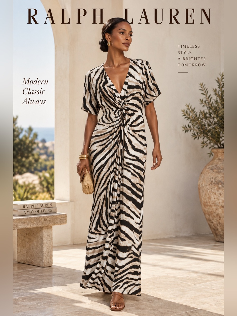 Lauren Ralph Lauren Zebra Print Linen Blend Maxi Dress Twist Front Short Sleeve